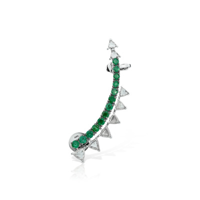 Emerald and diamond ear climber earring with a curved design featuring triangular shapes.