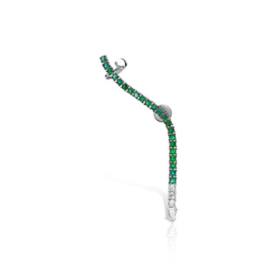 Emerald and diamond ear climber earring featuring a curved design with green gemstones and white diamonds.