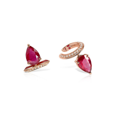 Ear cuff featuring a pear-shaped ruby and small clear gemstones set in a rose gold design.