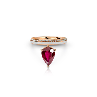 Linette Piorra ring featuring a pear-shaped ruby and diamond accents on a gold band.