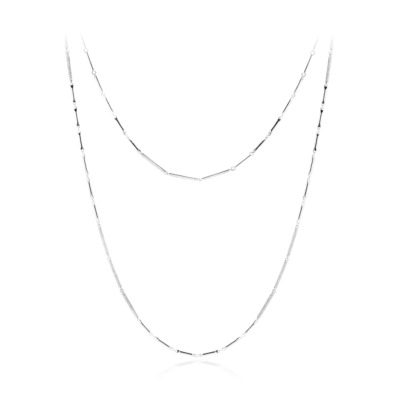 Double layer silver necklace with elongated and round links, featuring a modern design suitable for various occasions.