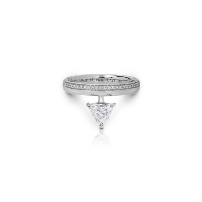 Trillion cut diamond ring set in white gold with a band featuring small diamonds.