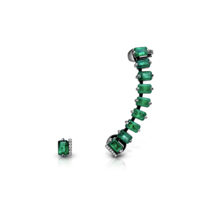 Emerald ear climber jewelry piece with rectangular emerald stones and a small matching stud earring.