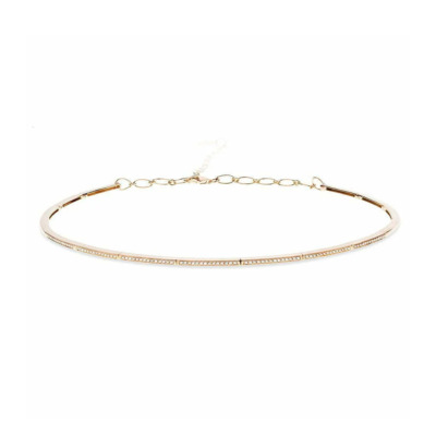 A slim gold choker necklace with a simple design and adjustable chain.