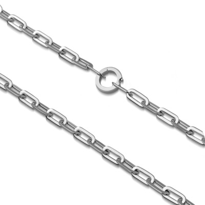 Silver paper clip chain link featuring elongated links and a circular clasp, ideal for jewelry making and crafting projects.