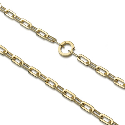 Gold paper clip chain necklace featuring elongated links and a secure clasp, ideal for layering or standalone wear.