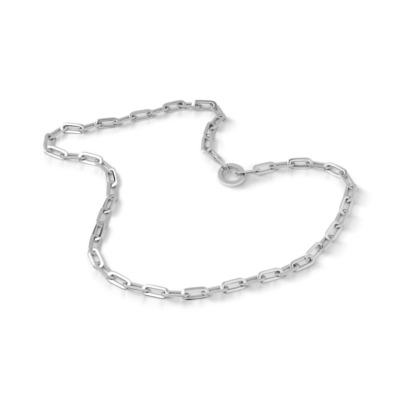 Silver paper clip chain necklace featuring elongated links and a circular clasp, ideal for modern jewelry collections.