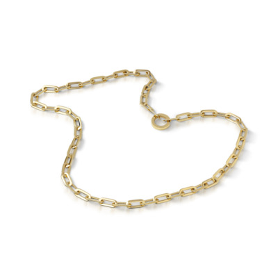 Gold paper clip chain necklace featuring elongated links, ideal for layering or standalone wear, crafted from high-quality materials.