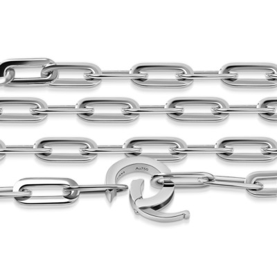 Silver paper clip chain featuring a unique hook design, showcasing its sleek and modern appearance, ideal for jewelry applications.