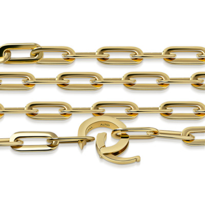 Gold paper clip chain necklace featuring elongated links and a unique clasp design, crafted from high-quality materials for durability.