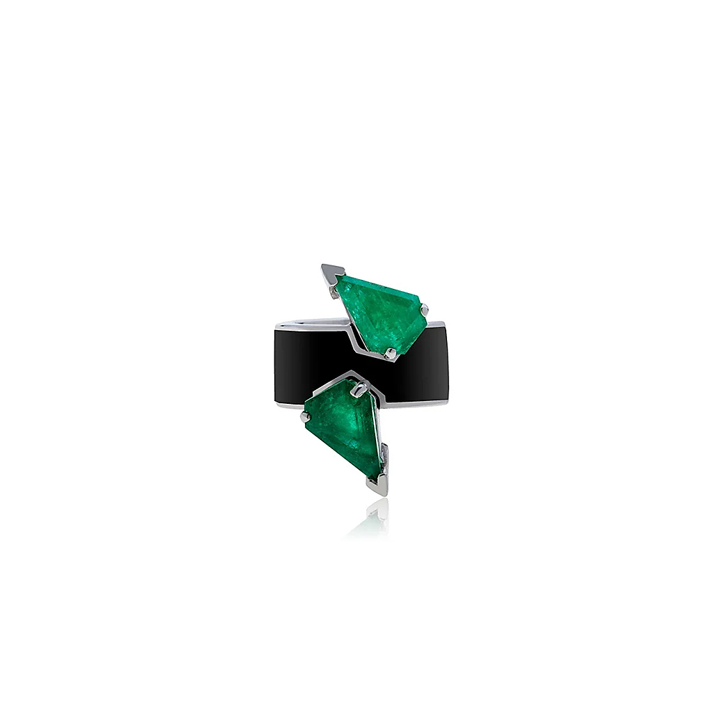 Earcuff featuring two green gemstones set on a black band with a sleek design.