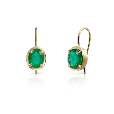 Emerald capsule hook earrings featuring a vibrant green gemstone set in gold, showcasing elegance and style.