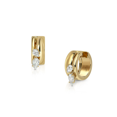 Gold hoop earrings featuring three sparkling diamonds, showcasing a modern design with a luxurious finish.