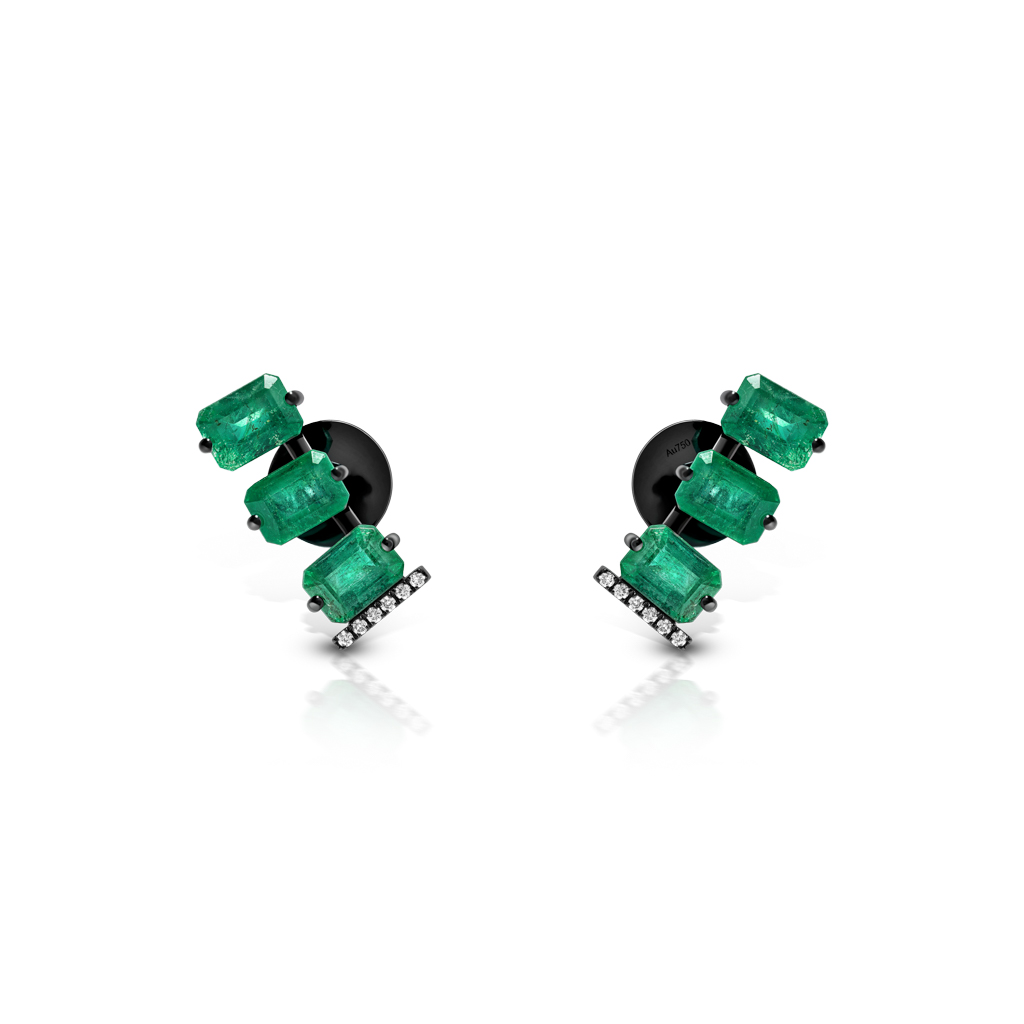 Emerald earrings featuring rectangular stones and diamond accents, showcasing a modern jewelry design with a striking green color.
