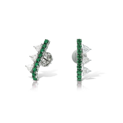 Ferox Trinity lobe stud earrings featuring emerald and diamond stones in a unique design.