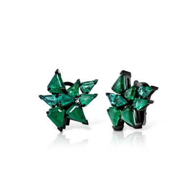 Pair of Viridi Burst 8 Kites ear cuffs featuring green gemstones set in black metal.