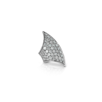 Silver brooch featuring a curved design adorned with multiple small diamonds.