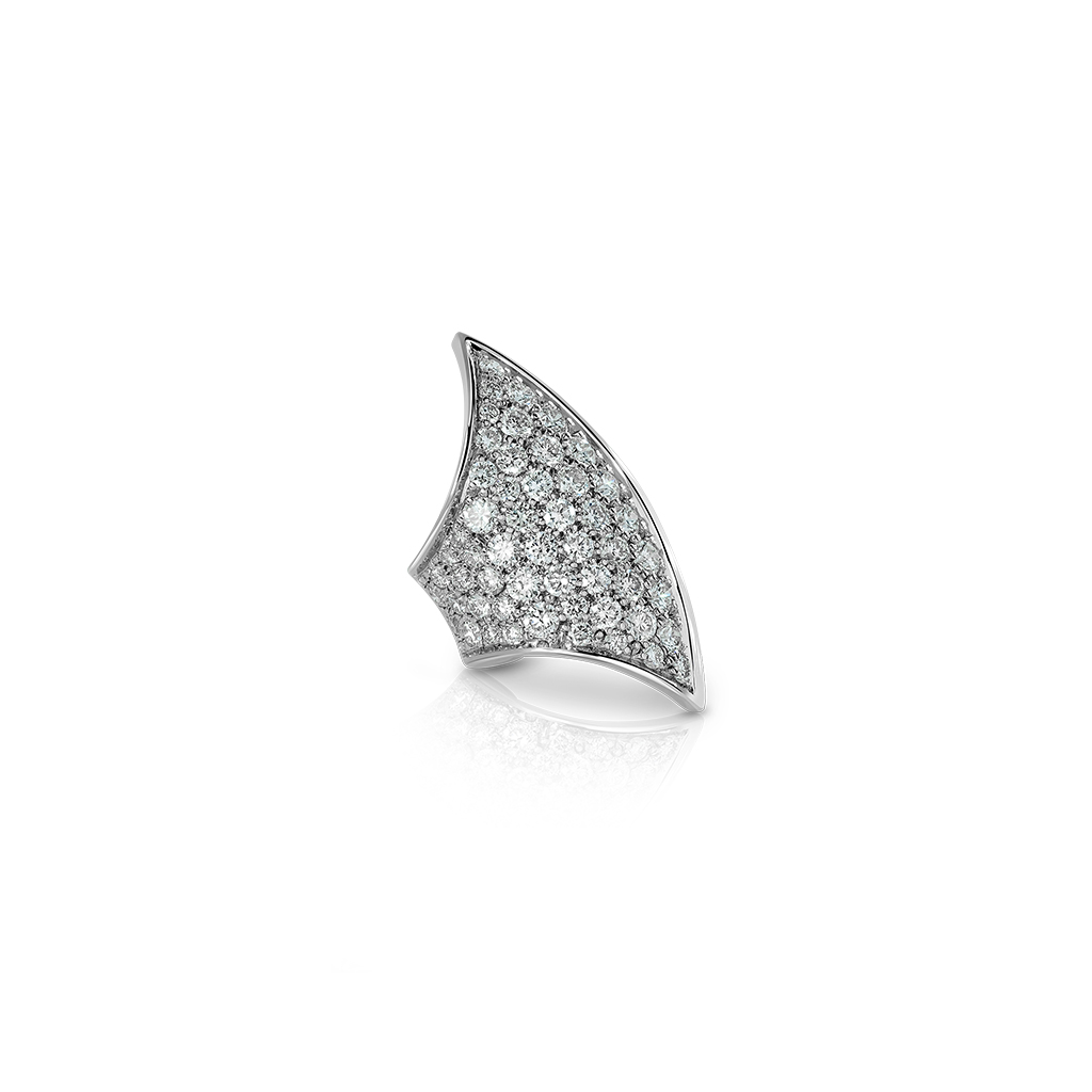 Silver brooch featuring a curved design adorned with multiple small diamonds.