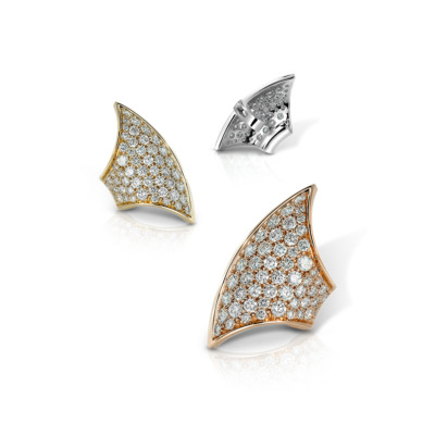 Three diamond-studded earrings featuring gold and silver designs with a curved shape.