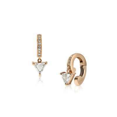 Rose gold earcuff featuring a triangular clear gemstone and a row of small clear stones.