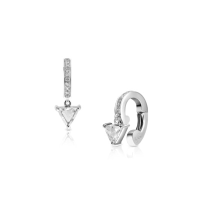 White gold earcuff featuring a trillion-cut gemstone and small accent stones.
