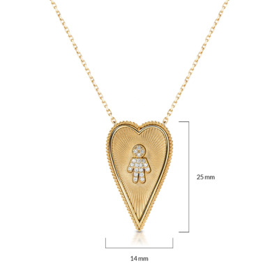 Gold elongated heartbeat necklace featuring a small figure pendant with diamond accents.