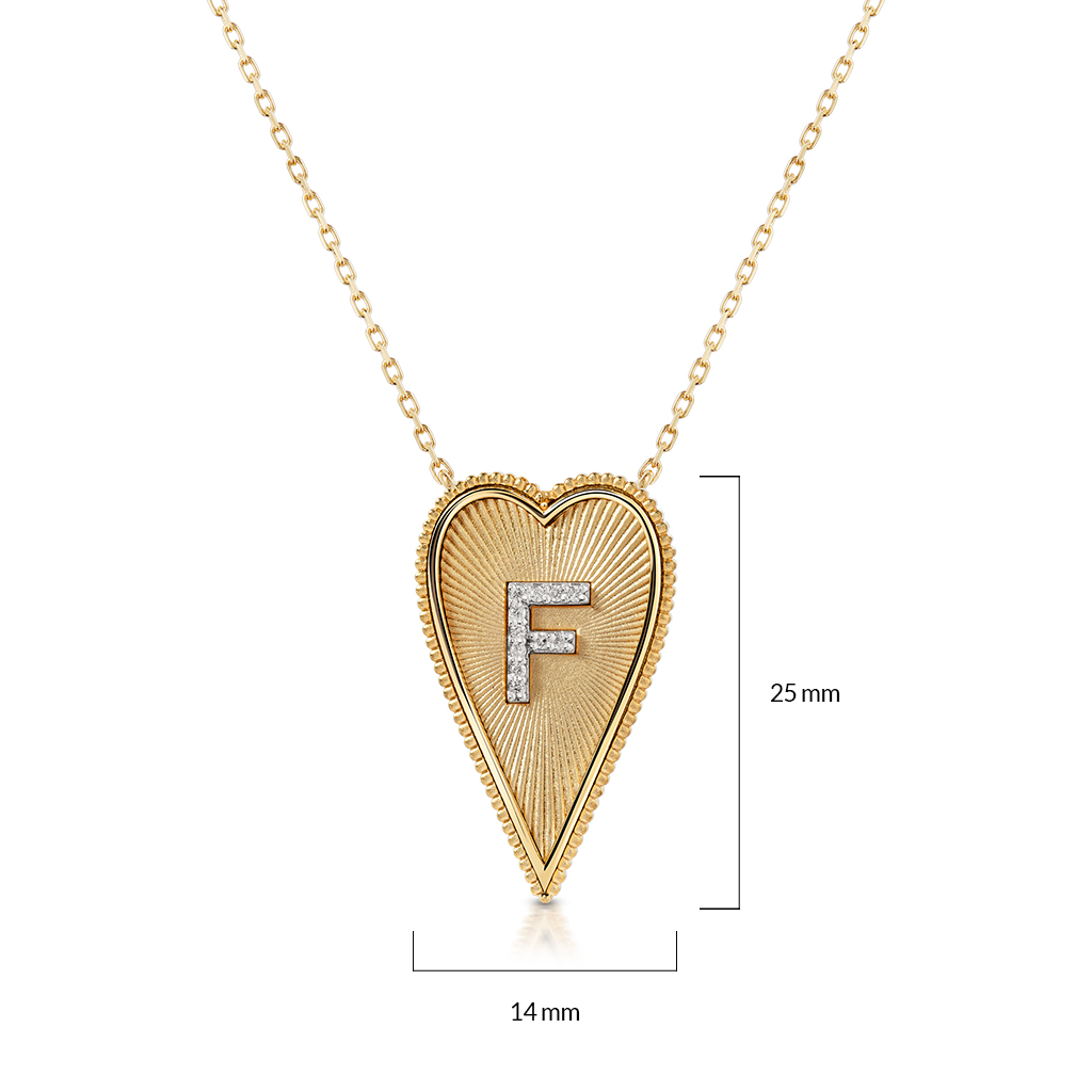 Gold elongated heartbeat necklace featuring the letter F in diamonds.