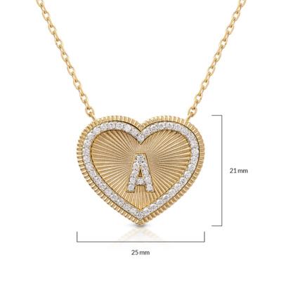 Gold heart-shaped necklace featuring a diamond frame and the letter A in the center.