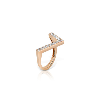 Gold ring in a geometric arrow shape adorned with a single row of diamonds.