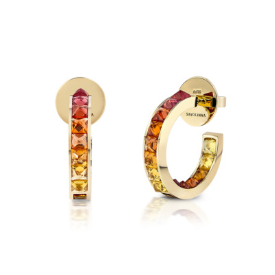 Gold hoop earrings featuring a single row of ombre sapphires in shades of yellow, orange, and pink.