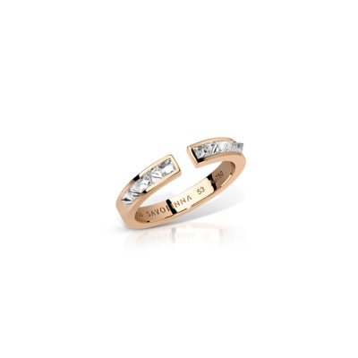Open band ring featuring a single row of diamonds set in a rose gold band.