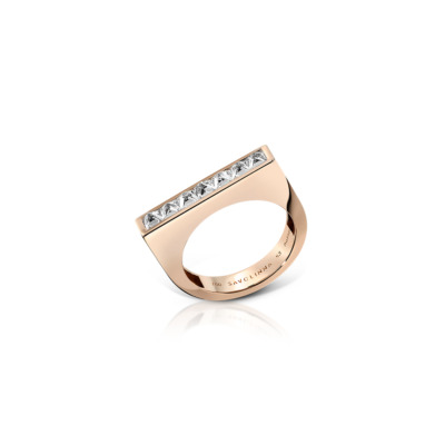 Single row diamond band ring made of rose gold with multiple diamonds set in a straight line.