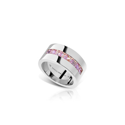 Silver band ring featuring a single row of pink sapphires set in a polished design.