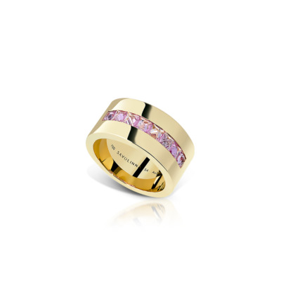 Gold band ring featuring a single row of pink sapphires set in a polished design.
