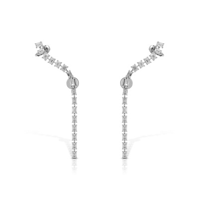 Dancing diamond ear climber earrings made of white gold with a curved design.