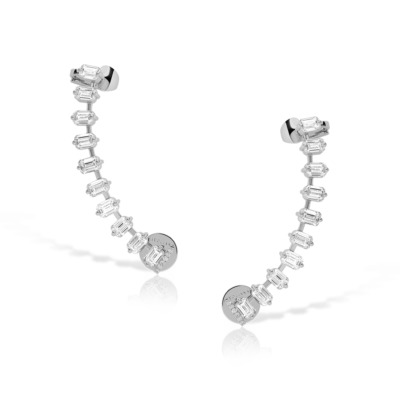 Pair of diamond ear climber earrings made of white gold with a linear design.