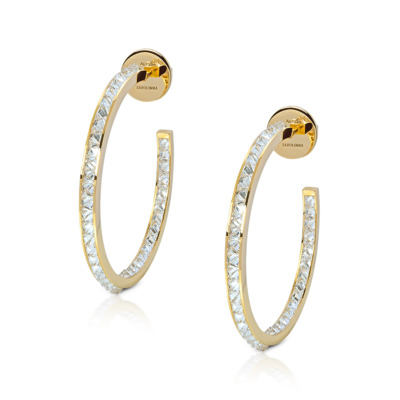 Gold hoop earrings featuring a single row of diamond accents along the outer edge.
