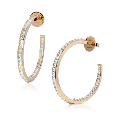 Single row hoop earrings featuring diamonds set in a rose gold frame, showcasing a circular design.