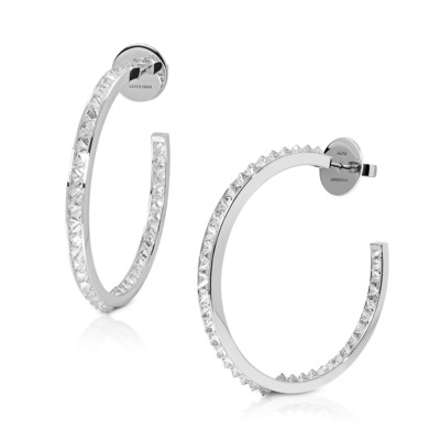 White gold hoop earrings with a single row of diamonds along the edge.