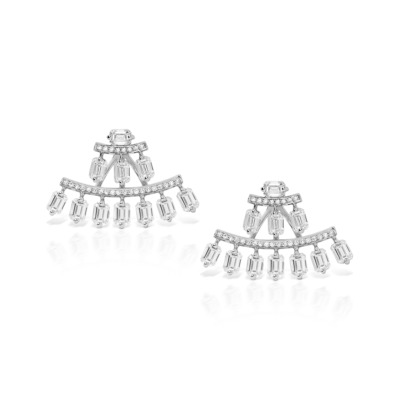 White gold diamond earrings featuring a fan design with multiple hanging diamond accents.