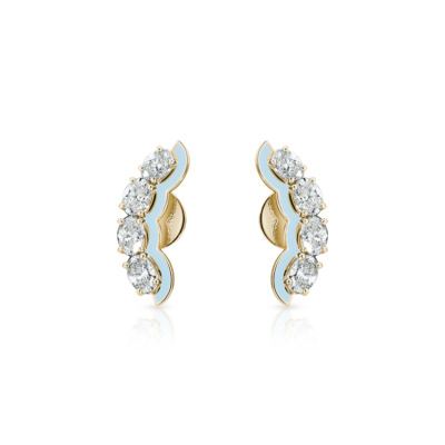 Gold earrings featuring oval-shaped stones with a baby blue enamel accent.