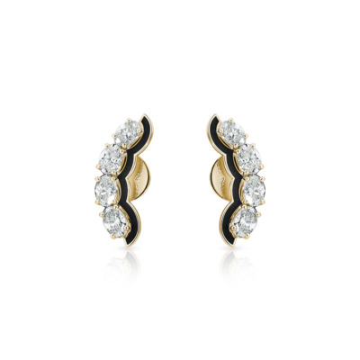 Gold and black oval stud earrings featuring clear stones arranged in a curved design.