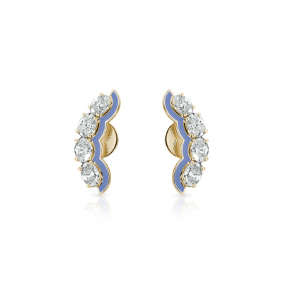 Gold stud earrings with oval-shaped clear gemstones and blue enamel accents.