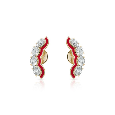 Gold and red oval stud earrings featuring clear stones set in a curved design.