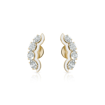 Gold earrings featuring five oval-shaped white stones arranged in a curved design.