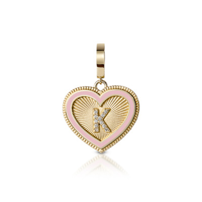 Gold heart-shaped charm featuring a pink center and the letter K embellished with rhinestones.