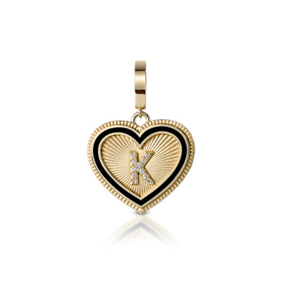 Gold heart-shaped charm featuring a black center and a K initial embellished with diamonds.