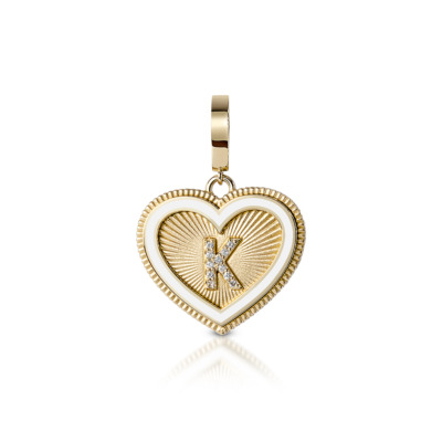 Gold heart-shaped charm featuring the letter K in the center with a textured background.