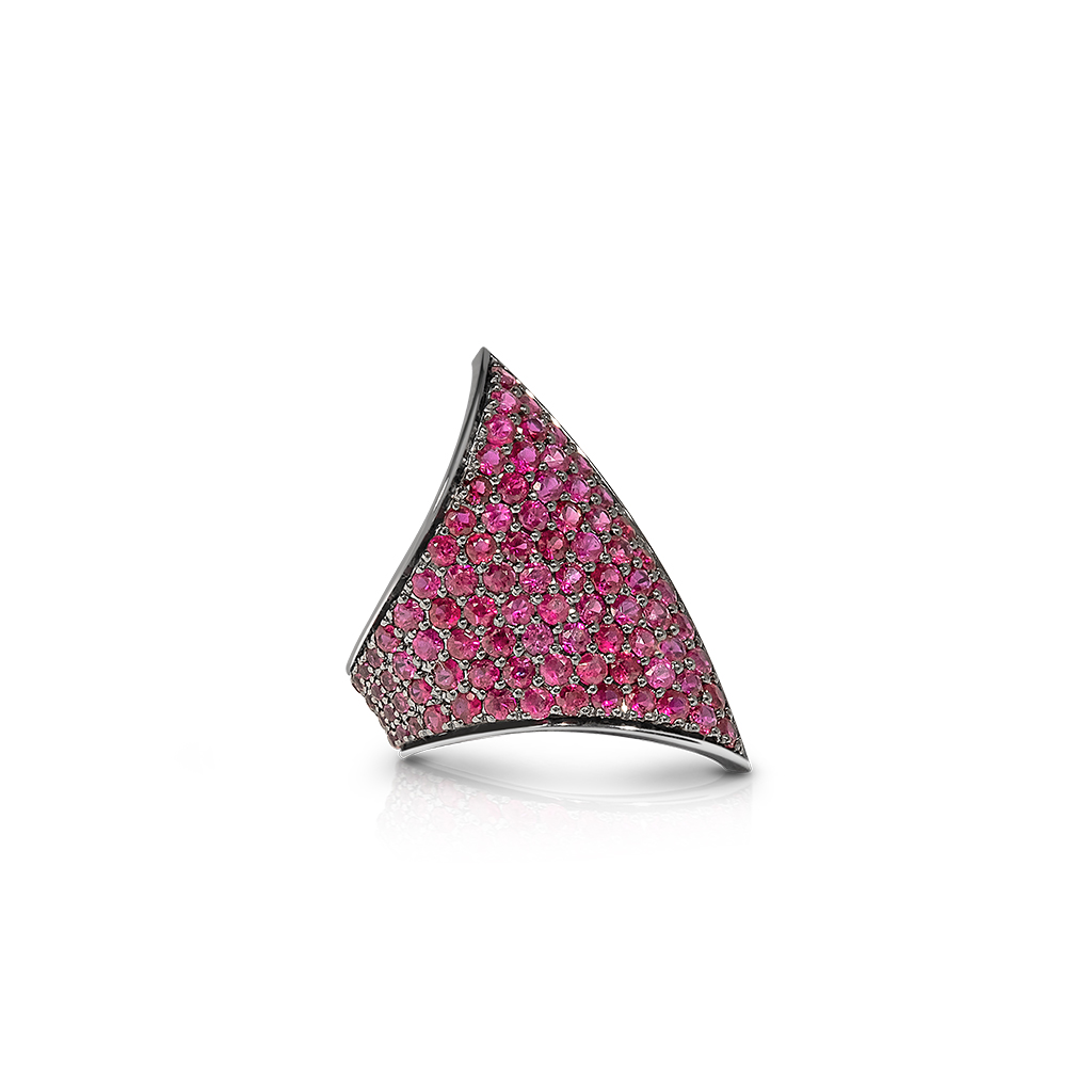 Ring featuring a unique design adorned with numerous small ruby stones set in a metal band.