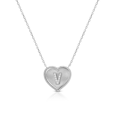 Silver mini heart-shaped pendant featuring the letter V in the center.